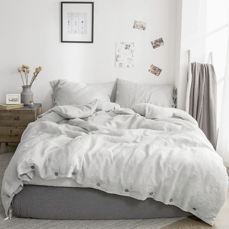 Simple&Opulence 100% Washed Linen Duvet Cover, 3 Pieces Natural Flax French Country Bedding Set, Breathable Farmhouse Comforter Cover with Coconut Button Closure(King,Grey) - Image 1
